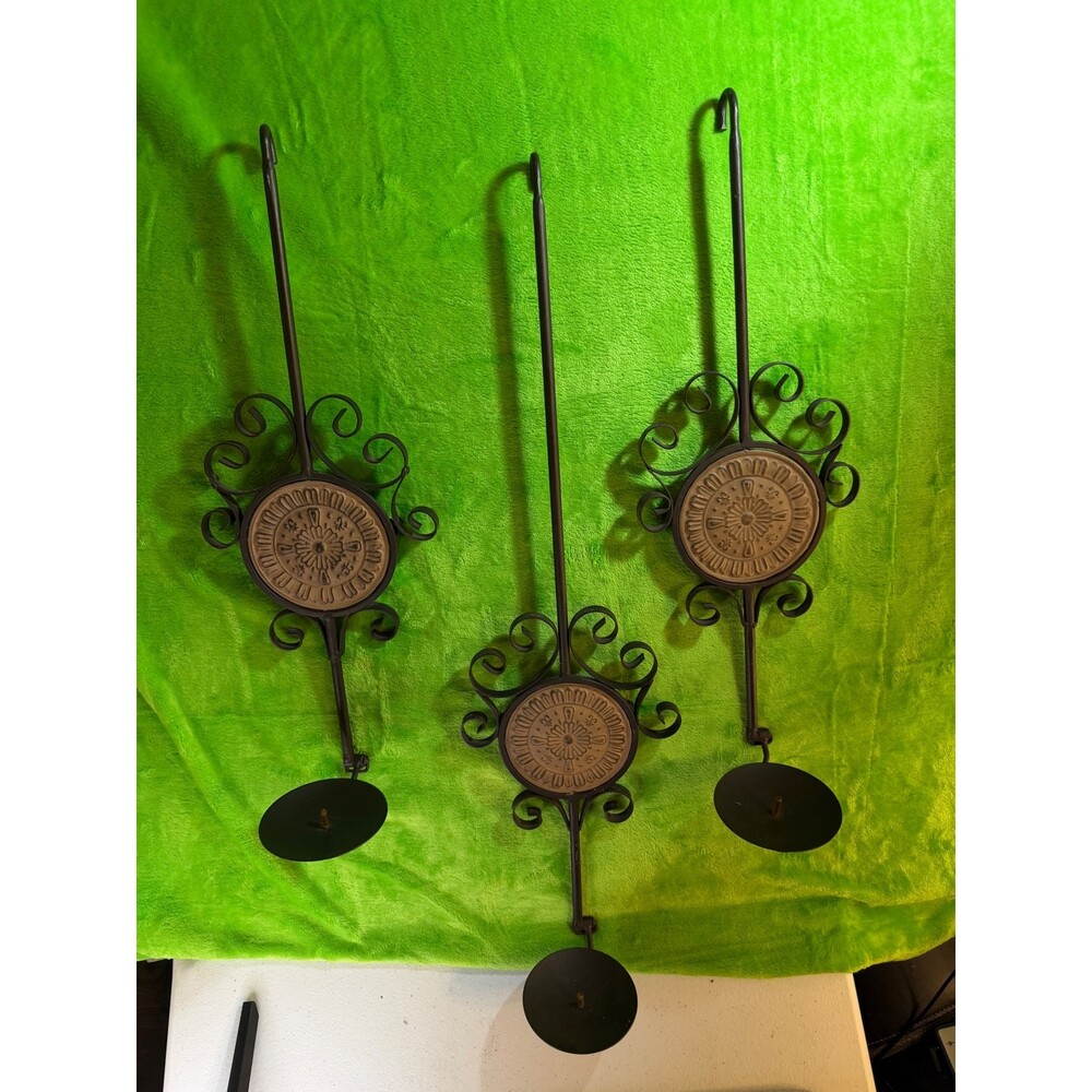 Set of 3 Wrought Iron Scroll Wall Candle Holders with Medallion Design